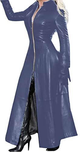 Damen PU Leder Trenchcoat Jacke mit Reißverschluss Sexy Kleid Body Clubwear Langer Lack-Mantel PVC Mantel Lack Optik Matrix Jacke Robe Lange Coat mit Stehkragen Outwear Cosplay Kostüm Party Fasching