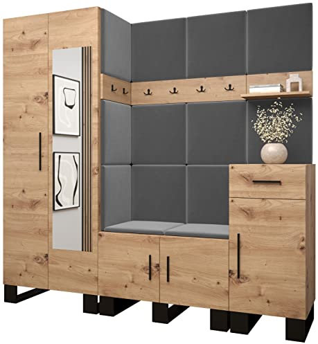 MEBLE KRYSPOL Garderobe Artin Set 13 mit gepolsterten Paneelen Industriell Design (Artisan Eiche + Manila 16 (Grau))