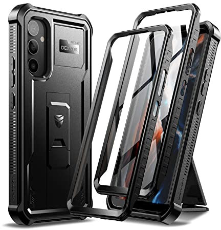 Dexnor Kompatibel mit Samsung Galaxy A54 5G Hülle【Doppelter Frontrahmen 】, Bumpershock Technology Fallschutz Robuste Telefonabdeckung Stoßfeste Schutzhülle mit Kickstand - Schwarz