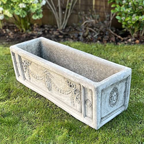LARGE DECORATIVE STONE TROUGH OUTDOOR PLANTER WITH DRAINAGE HOLE CONCRETE GARDEN ORNAMENT HERB PLANTER
