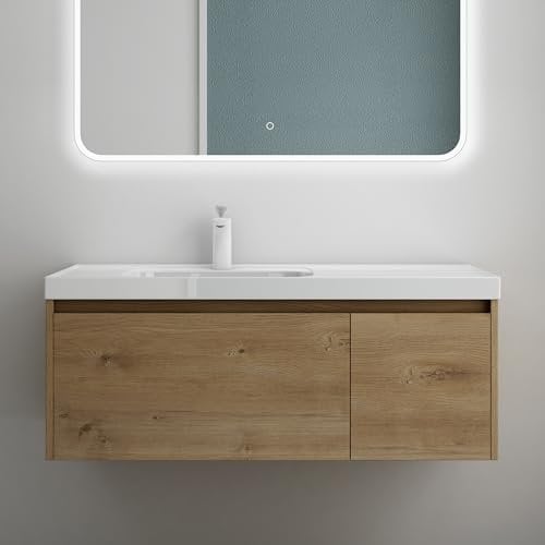 Mai & Mai Meuble de Salle de Bain Marron Clair avec Lavabo Meuble sous Vasque 100x50x40cm Meuble Suspendu avec Tiroir Salerno
