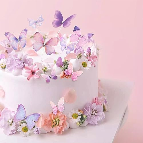 ENLACE 8 Stück Schmetterlinge Torten Deko, 3D Schmetterling Tortendeko mit Kristall, Schmetterlinge Kuchen Deko für Geburtstag Party Mädchen Hochzeitstorte Deko Babyparty, Gemischte Lila