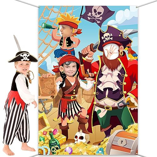 DPKOW Piraten Geburtstags Foto Requisiten Banner, Lustiges Gesicht im Loch Spiel für Kinder Piratenparty Foto Hintergrunddekoration, Großes Stoff Piraten Motto Partyspiel Banner Fotozubehör, 3,3x5 Fuß