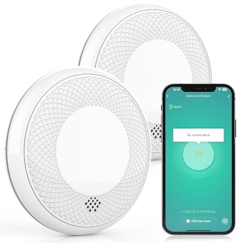RUNIDUR WLAN Detector de Humo y CO Combinado WiFi, Detector de Humo Combinado Inteligente y Detector de Monóxido de Carbono, Sensor Preciso con Batería de 10 Años, 2 Piezas