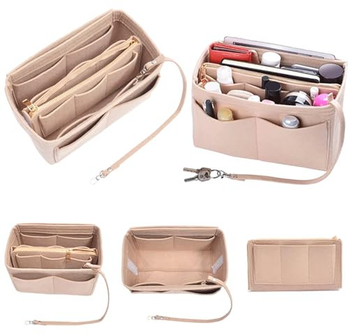 MINZHI Filz Handtaschen Organizer,Filz Beige Handtasche,Filz Beige tasche,Abnehmbare Reißverschluss-Tasche,Handtaschenorganizer 2in1,mit Filz Taschenorganizer,Beige Taschenorganizer
