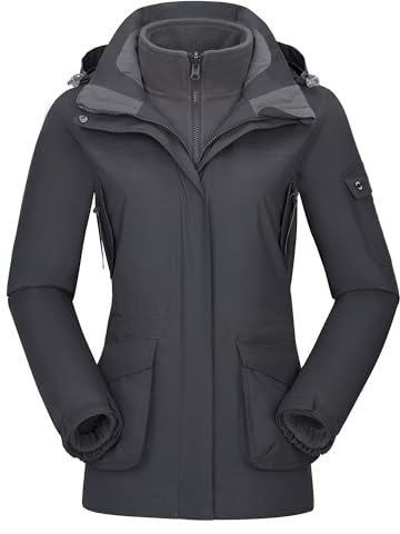 OutPro Damen 3-in-1-Skijacke wasserdicht winddicht Winterjacke Outdoor Wandern mit Fleece gefüttert doppellagige abnehmbare Kapuzen-Funktionsjacke,Grau,L