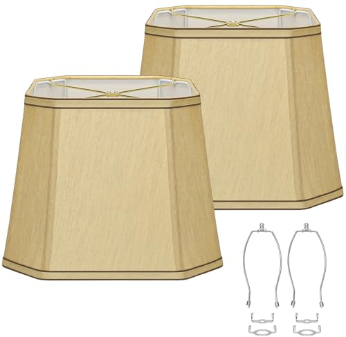Rechteckige Eck-Lampenschirme, 26,7 x 25,4 x 33 cm, Farmhouse Medium Gold Lampenschirme mit braunem Rand, inklusive 2 Stück Lampe, Harfen, geeignet für E26-Sockel und Sattelsockel, einfache Montage