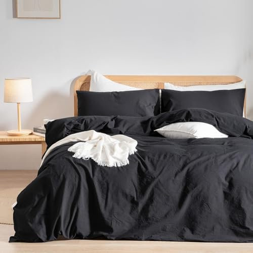 Gezu Housse de Couette Coton 200x200cm Noir 100% Coton Certification Oeko-TEX Parure de Lit Coton 2 Personnes Doux et Confortable Linge de Lit Coton avec 2 Taie d'oreiller 65x65 avec Fermeture Eclair