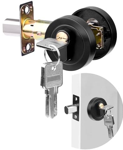 LUNEKUCK Single Cylinder Deadbolt Black Round Security Door Lock with Key, Zinc Alloy Deadbolt, Standard Size for Bathroom, Bedroom, Entrance Door Lock, Interior and Exterior