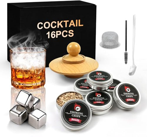 Kit de Fumoir Cocktail, Ensemble Fumeur Cocktail avec 6 copeaux Bois, kit de Boissons pour Fumeur de Whisky à l'ancienne, Cocktails Accessoires pour Whisky, Boissons, Bourbon, café, Fromage, viandes