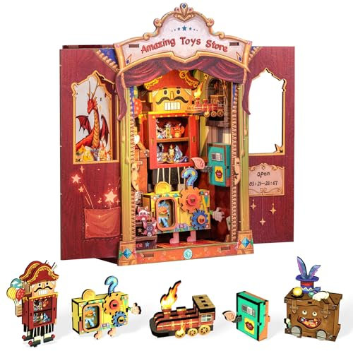 Cutefun Book Nook Kit - Puppenhaus Kitaus Holz,DIY Miniatur Puppenhaus Bücherecke Bibliothek Häuser Modellbausätze mit LED Leuchten Bücherregal Dekor,Amazing Toys Store(MF04)