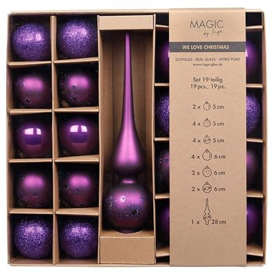 Weihnachtskugeln Glas 5-6cm mit Spitze 19er Set - Glitzer Motiv - Christbaumkugeln Weihnachtsbaumkugeln und Christbaumspitze - Christbaumschmuck & Weihnachtsbaumschmuck - Purple Symphony