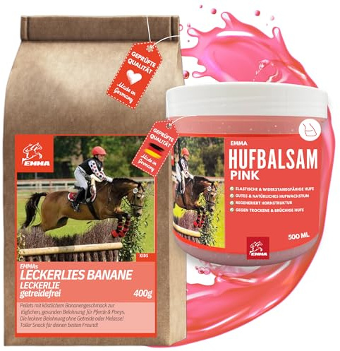 EMMA Hufpflege-Set Pferd – Huffett pink & Banane-Leckerlis | Hufbalsam für Hufwand, Sohle & Strahl plus Pferdesnacks – Geschenkset für Ponyhof, Stall und Pferdefans