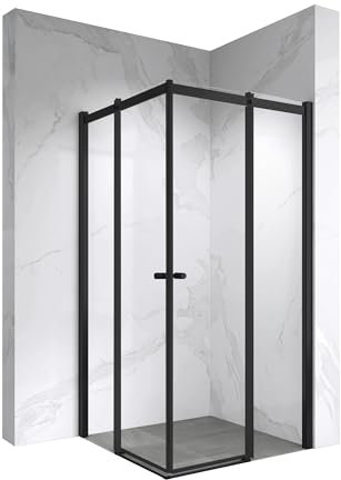 Moments of Glass Duschkabine Kaylee mit Schiebetüren 75x90 cm Höhe 195 cm – Eckduschkabine Schwarz, 6 mm durchsichtiges Nano ESG-Sicherheitsglas, hochwertiges Rollsystem, beidseitig montierbar