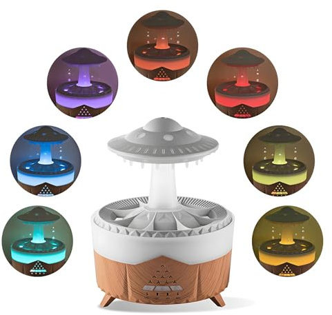 Cloud Humidifier 3 in 1-350ml Water Drip Oil Diffuser Fountain with Essential Oil, Raining Cloud Night Light for Sleeping Relaxing Wood - Aromatherapy Diffuser