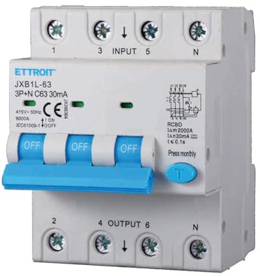 A2ZWORLD Interruttore Magnetotermico Differenziale Trifase, Tipo A 30mA, RCBO Classe A 4P C63 63A, Curva C 3P+N 6000A, Occupa 4 Moduli DIN, AC 400V IP20