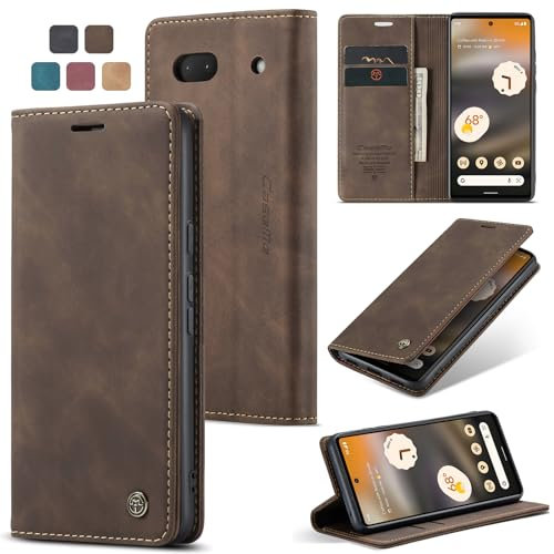 owlhold Handyhülle für Google Pixel 6A klapphülle Premium Lederhülle Weiches Vintage-Nubukleder Faltbare Handytasche Ständer Schutzhülle Kartenfach Standfunktion hülle Google Pixel 6A - Kaffee