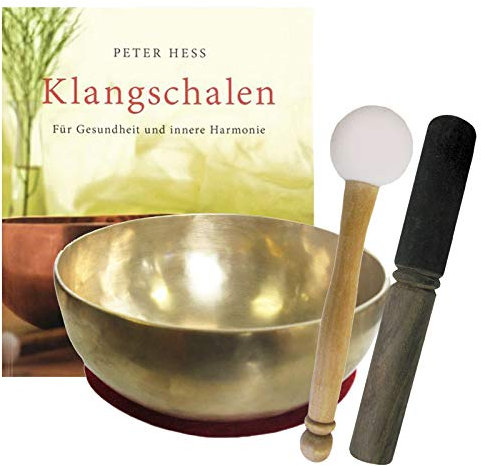 Klangschale KLEINE HERZSCHALE Therapie-Qualität 5-teiliges Klangmassage-Set + BUCH Peter Hess. Therapieklangschale 700-800g ca. 15-16 cm mit Kissen, Holz-Leder-Reibe- und Gummi-Klöppel. 70066