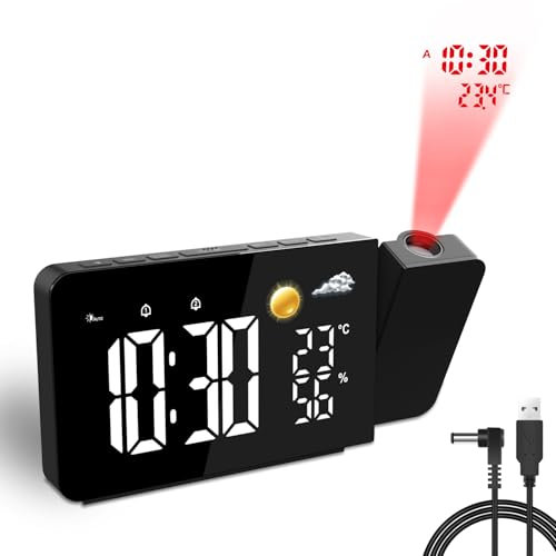 Uzoli EM3211A Projektionswecker mit LED-Anzeige, 8h Wettervorhersage, Temperatur & Luftfeuchtigkeit, 2 Wecker, Schlummerfunktion, 180° drehbare Projektion, 10 Klingeltöne, ideal für Zuhause oder Büro
