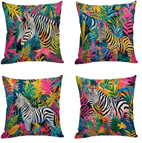 Wasserdichter Kissenbezug 4 Stück 35 x 35 cm Dekorative Outdoor Kissen Dschungel Zebra Quadratisch Doppelseitig Wasserfest Atmungsaktiv kissenbezüge für Sofakissen Garten Outdoor Deko Geschenk J-r842