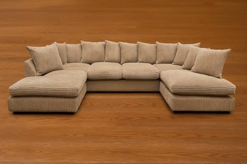 SOFASELECTIONUK LTD Jumbo Cord U-Shaped Cord Sofa - Large Modular Sofa with Memory Foam Seating & Removable Cushion Covers - Seats 6-7 People - Ideal U-Shape for Living Room (Beige, Scatter Back)