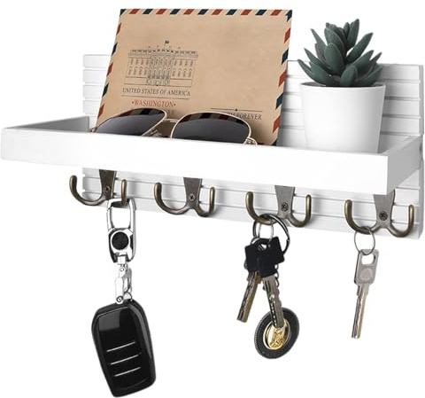 FESSOSKO Schlüsselbrett Holz mit Ablage, Schlüsselhalter Schlüsselregal mit 8 Haken, Wand Schlüsselboard für Flur, Schlafzimmer & Küche, Hängen Küchenbesteck, Weiß