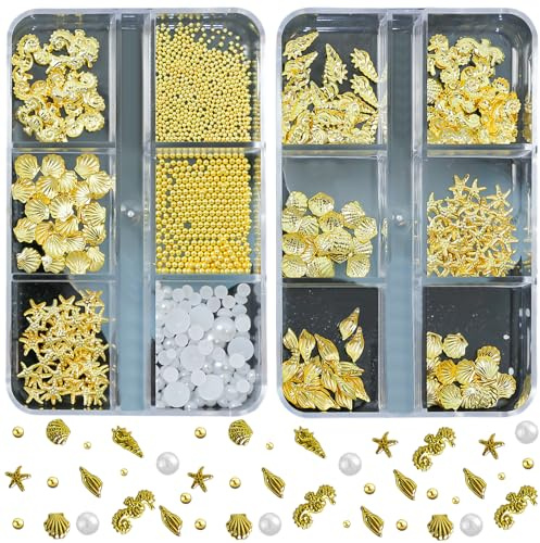 3D Nail Charms,2Boxes 3D Nail Studs with Caviar Beads Flatback Pearls Rhinestones,Starfish Turtle Seashell Conch Summer Nail Art Decorations for Women Girl Manicure Design Supplies (Gold + Silver B)