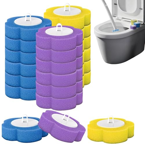 18 Pack Disposable Toilet Brush Refills with 3 Fresh Scents - Hygienic Cleaning Heads Compatible with Bowl Buddy & Handles（Blue, Yellow & Purple）
