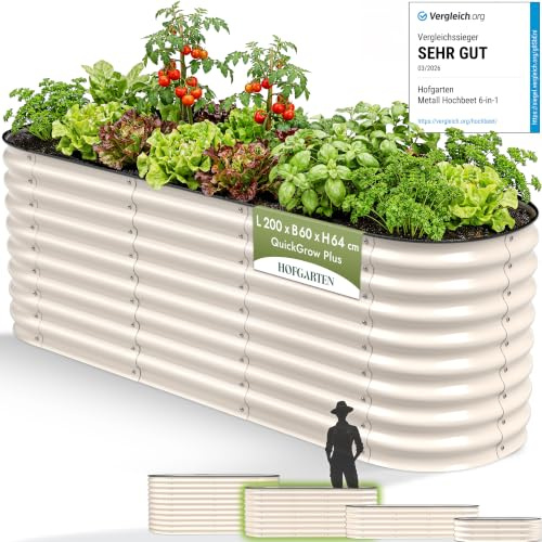 HOFGARTEN Hochbeet Metall 200x60x64 cm, 6-in-1, erweiterbar, Cremeweiß | Rückenfreundlich & langlebig, bodenoffen, Zn-Al-Mg-Stahl, formstabil bei voller Erdlast, hoher Korrosionsschutz