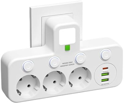 Estándar Europeo Enchufe de Pared en T 3 Posiciones con 2 USB 1 Puerto Type-C Interruptor Independiente Luz Nocturna Protección Térmica y Múltiple Expandidor Potencia Portátil 2500W