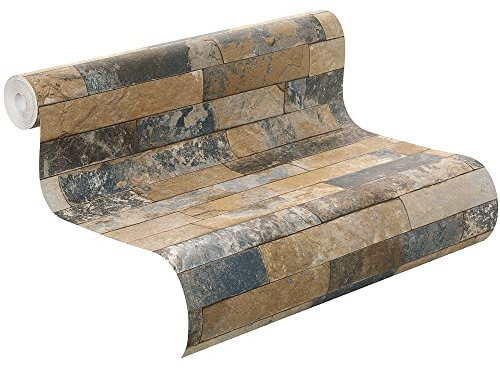 Rasch Tapeten 475104 Vliestapete in brauner Stein-Optik – 10,05m x 53cm (L x B) Vlies Tapete Rasch Kollektion Factory III, 10,05 x 0,53