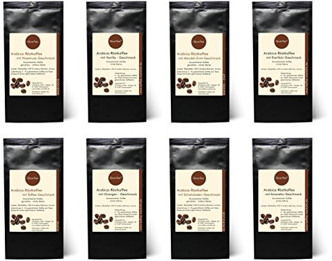 Kaffee Geschenkset - 8 x Kaffee mit Geschmack als Probierset - Haselnuss, Vanille, Mandel Zimt, Eierlikör, Toffee, Orange, Schokolade, Amaretto - Arabica Röstkaffee mit Aroma - gemahlen - 8 x 75 g (600 g insgesamt)