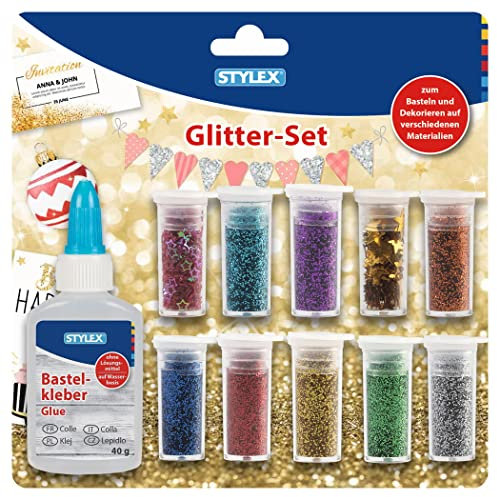 Stylex 23386 Set di 11 Polvere Glitter, 5 barattoli Decorativi e 1 Bottiglia di Colla per bricolage, Fai da Te, Multicolore, Set, 28 unità