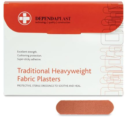 Dependaplast Traditional Heavyweight Fabric Plasters. Extra Cushioning And Physical Protection - Heavy Elastic Fabric - Super-Sticky Zinc Oxide Adhesive (7.5 X 2.5 Cm, Pack of 100