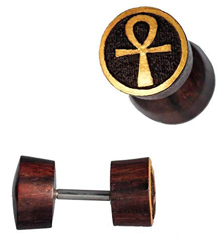 CHICNET Damen Herren Fake Plug Piercing Ohr aus Sonoholz Holz und Edelstahl, Motive Gold, Blume Buddha Ankh Baum des Lebens Mandala Ornament Pentagramm Triskele