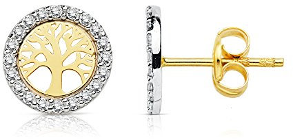 Iyé Biyé Jewels - Orecchini in oro bicolore da 18 k, con “Albero della vita” e zirconi da 8 mm, chiusura con farfalla