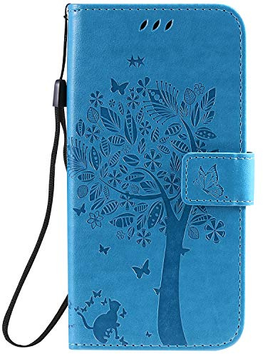 Fatcatparadise Cover iPhone XS/iPhone X [Vetro Temperato Screen Protector], (Gatto e Albero Serie) Retro Flip Caso Portafoglio Custodia Fondina Silicone PU per Apple iPhone XS/iPhone X (Blu)