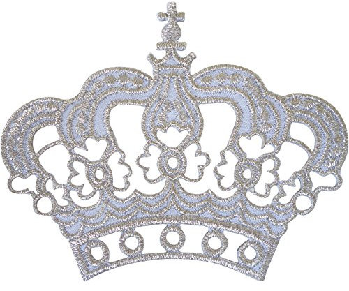 White Silver Crown Patch Iron On Sew On King Queen Fancy Dress Embroidered Badge