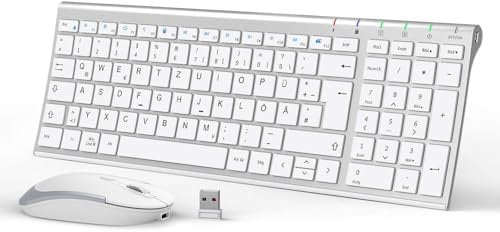 iClever Tastatur Maus Set Kabellos, Kabellose Tastatur und Maus, Wiederaufladbare, Deutsche QWERTZ Layout Funktastatur für Computer/Desktop/PC/Laptop/Windows 10/8/7, Weiß und Silber