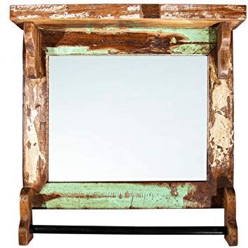 Woodkings® Holz Spiegel 49x51 recyceltes Altholz bunt mit Handtuchstange Vintage rustikal Möbel Badezimmerspiegel Flurspiegel Küchenspiegel