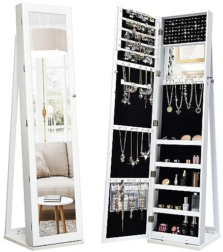 COSTWAY Specchio Portagioie da Terra, Armadietto Portagioie con Specchio a Figura Intera e Specchio Interno, con Serratura, per Collane Orecchini Anelli Cosmetici, 38 x 38 x 157,5 cm (Bianco)