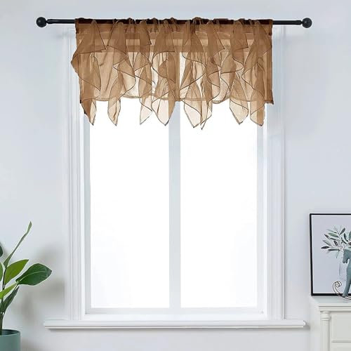 PearAge Vorhang mit Wasserfall-Motiv, Voile, gerüscht, für Wohnzimmer, Schlafzimmer, 1 Volant, 127 x 40,6 cm, Braun