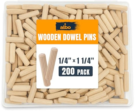 ALBO Wooden Dowel Pins 1/4 x 1-1/4 inch Fluted Wood Dowels Rods 200 Pack Hardwood Crafts Dowel Pegs
