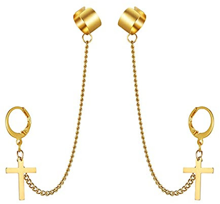 JewelryWe Schmuck Herren Damen Ohrringe Edelstahl Kreuz Kruzifix Creolen Ohrstecker Ohrclip Ohrklemme Ohrkette Hip-Hop Vatertag Geschenk Gold