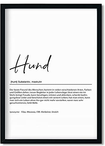 Urhome Kunstdruck Hund Definition in DIN A3 A4 A5 - optional mit Rahmen Schwarz Weiß - Worterklärung wie im Duden Wandbild Wanddeko mit Spruch für Wohnung Familie Freunde Geschenk