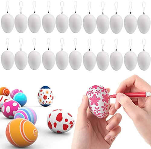 ToBeIT Ostereier deko Eier Kunststoff Plastikeier zum bemalen und aufhängen Deko Ostern, Ostereier mit Aufhänger für Kunsthandwerk malen hängend (6x4mm, 24)