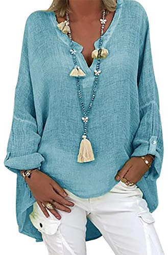 Tincini Blusa de lino para mujer, blusa de verano, túnica, cuello de pico, tallas grandes, camiseta de manga larga para mujer, camisa de lino y algodón, A azul., M