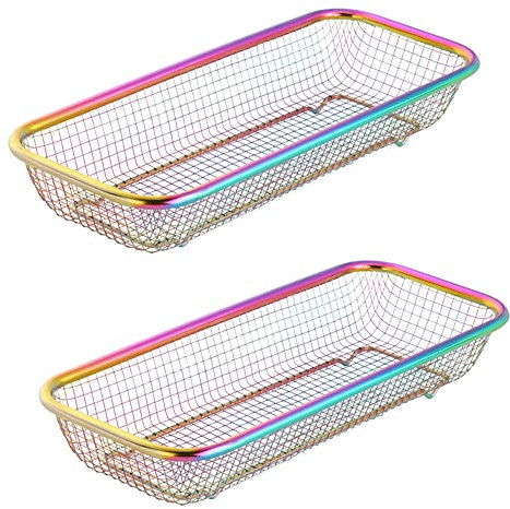 BYEGOU Silverware Drawer Organizer, Rainbow Mesh Kitchen Drawer Organizers, Iridescent Stackable Storage Basket Metal Utensil Holder for Flatware, 12.5x5x2.5, Pack of 2