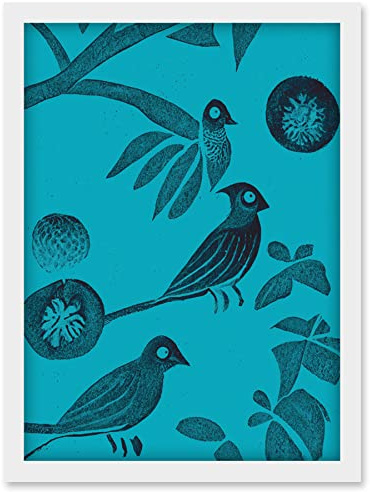 Doppelganger33 LTD Linocut Vintage Blue Birds Jungle Pattern Illustration Teal Artwork Framed Wall Art Print A4