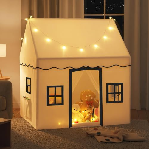 COSTWAY Tienda Campaña Infantil, Casa de Actividad para Niños con Luces de Estrellas, Alfombra Lavable Antideslizante, Cortina de Malla para Interior y Exterior, Tipi Infantil de Más de 3 Años (Beige)